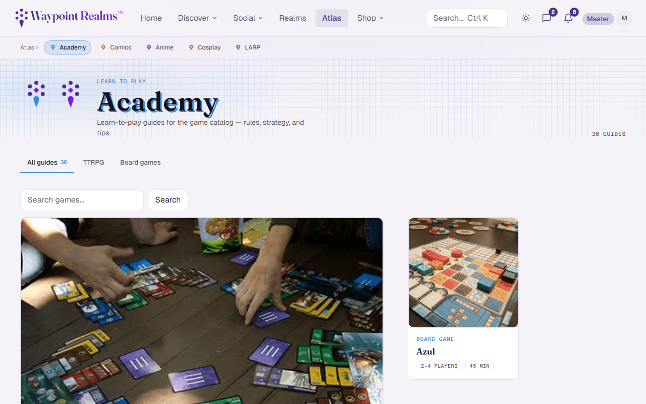 The Academy index of learn-to-play guides with game cover images.