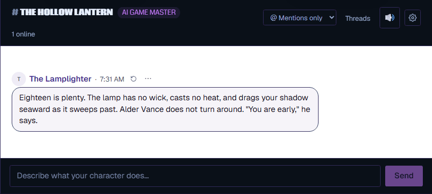 Table talk on an AI-run campaign: the channel marked AI Game Master, the GM's narration, and a composer that reads Describe what your character does.