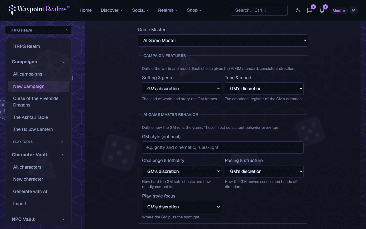 The new-campaign form with Game Master set to AI Game Master, revealing a Campaign features fieldset for setting and tone and an AI Game Master behavior fieldset for GM style, challenge, pacing and focus.