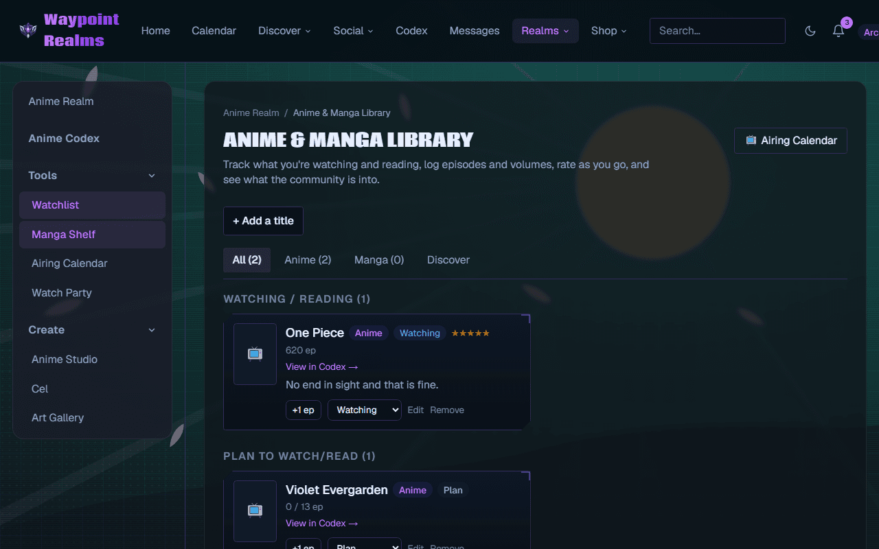 The Anime and Manga Library with tabs for All, Anime, Manga and Discover, showing a watching entry with an episode count, star rating and a plus one episode button, above a plan-to-watch entry.