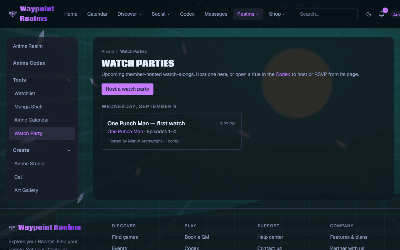 The Watch Parties page with a Host a watch party button and an upcoming watch-along listed under its date, naming the title, the episode range, the host and how many people are going.