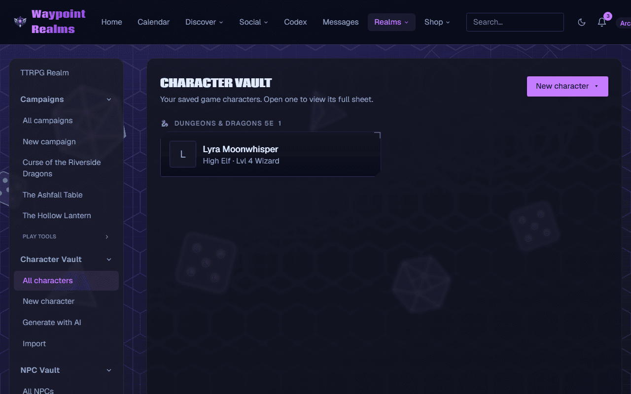 The Character Vault listing saved characters with portraits and systems.