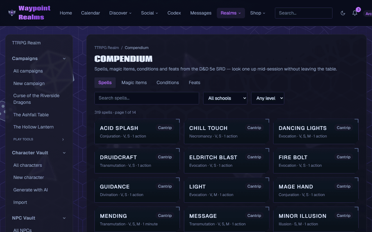 The Compendium on its Spells tab, showing 319 spells with a search box and filters for school and level, and cantrip cards listing each spell's school, components and casting time.