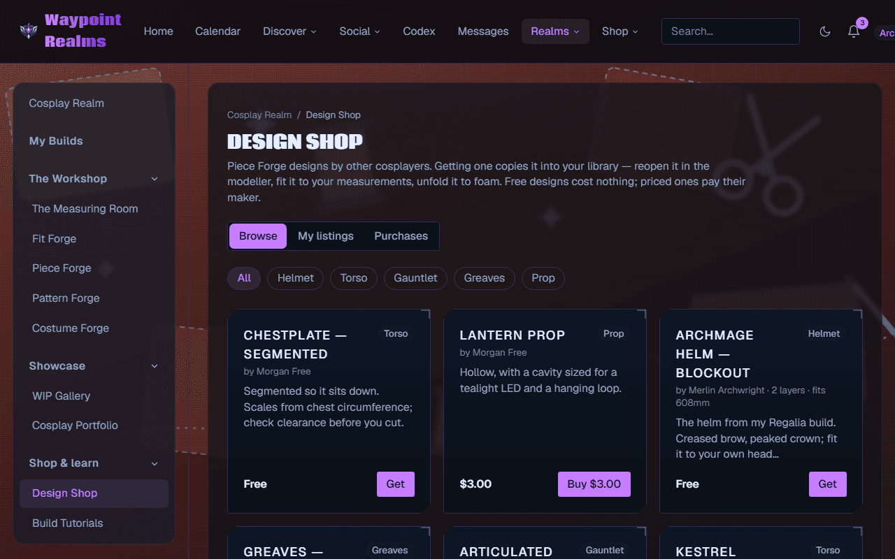 The Design Shop browsing published designs — a segmented chestplate, a lantern prop and a helmet blockout — each with its piece kind, its maker, a description and either a Get button for free designs or a Buy button with a price.