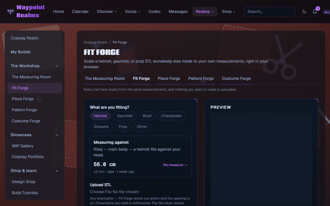 Fit Forge asking what you are fitting with options for helmet, gauntlet, boot, chestplate, greaves, prop and other, showing which body it is measuring against, and an upload control for an STL.