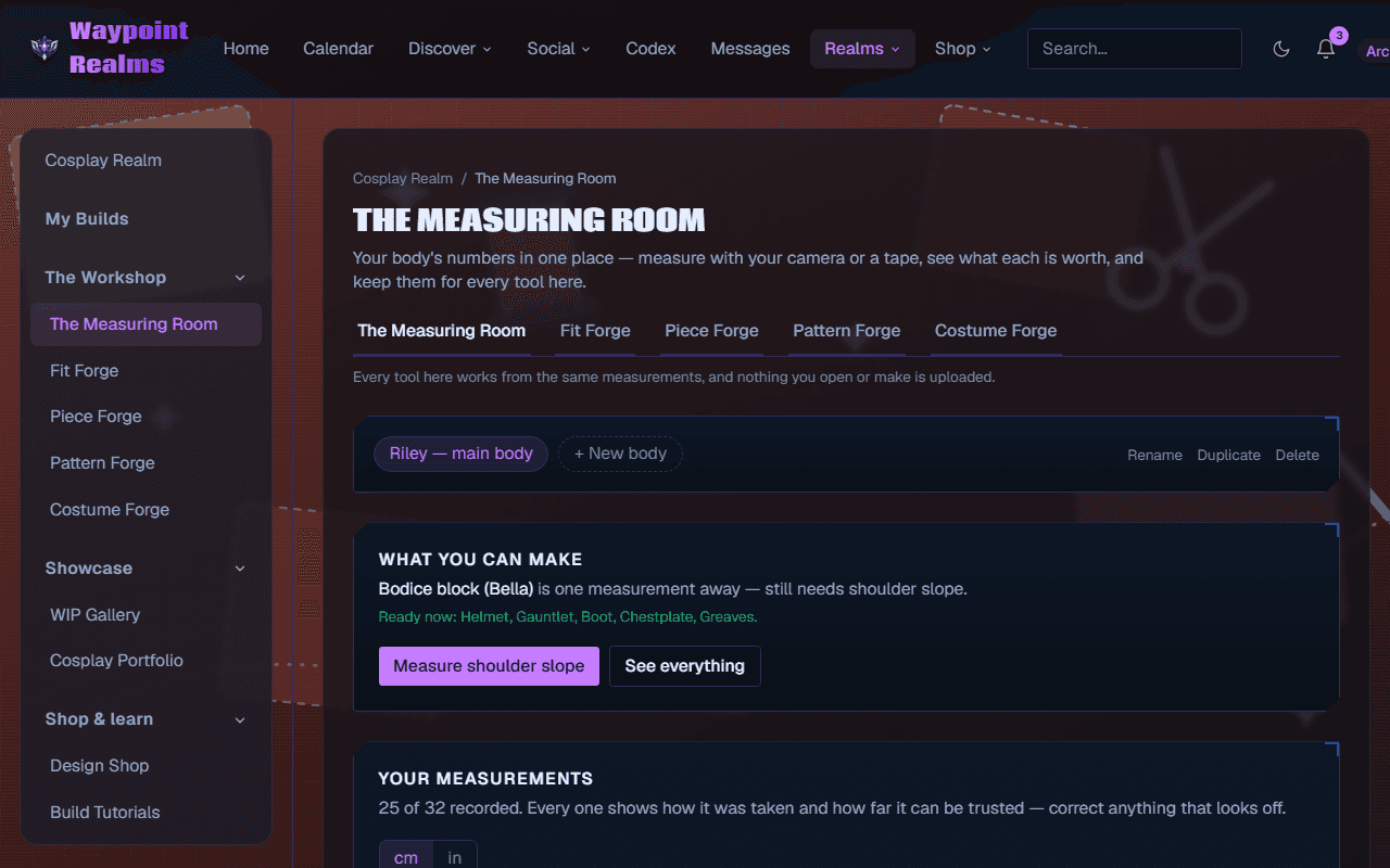 The Measuring Room with a saved body selected, a What you can make panel saying a bodice block is one measurement away while helmet, gauntlet, boot, chestplate and greaves are ready now, and a measurements list reading 25 of 32 recorded.