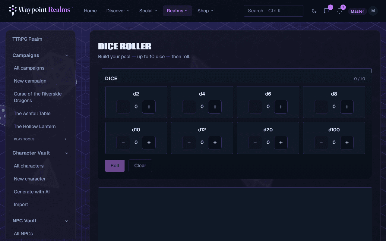 The Dice Roller page with the dice pool controls and the 3D dice tray.