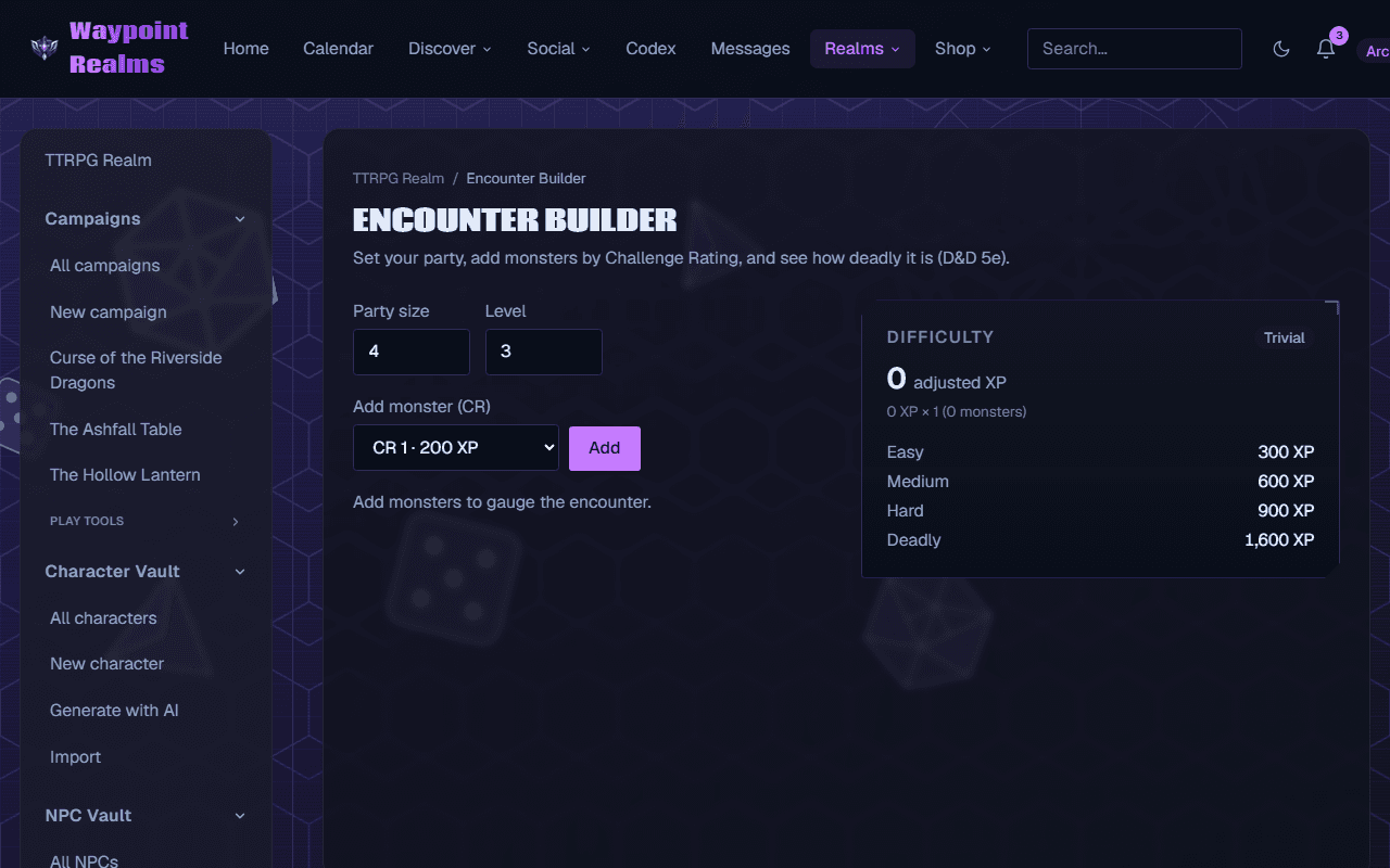The encounter builder with party size and level inputs, a control to add monsters by challenge rating, and a difficulty panel showing adjusted XP against the easy, medium, hard and deadly thresholds.