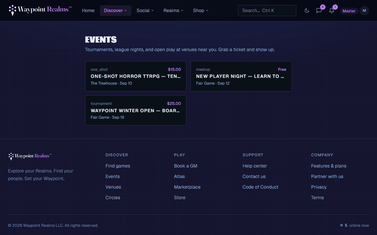 The events page listing a tournament and a convention, each with its ticket price, host venue and date.