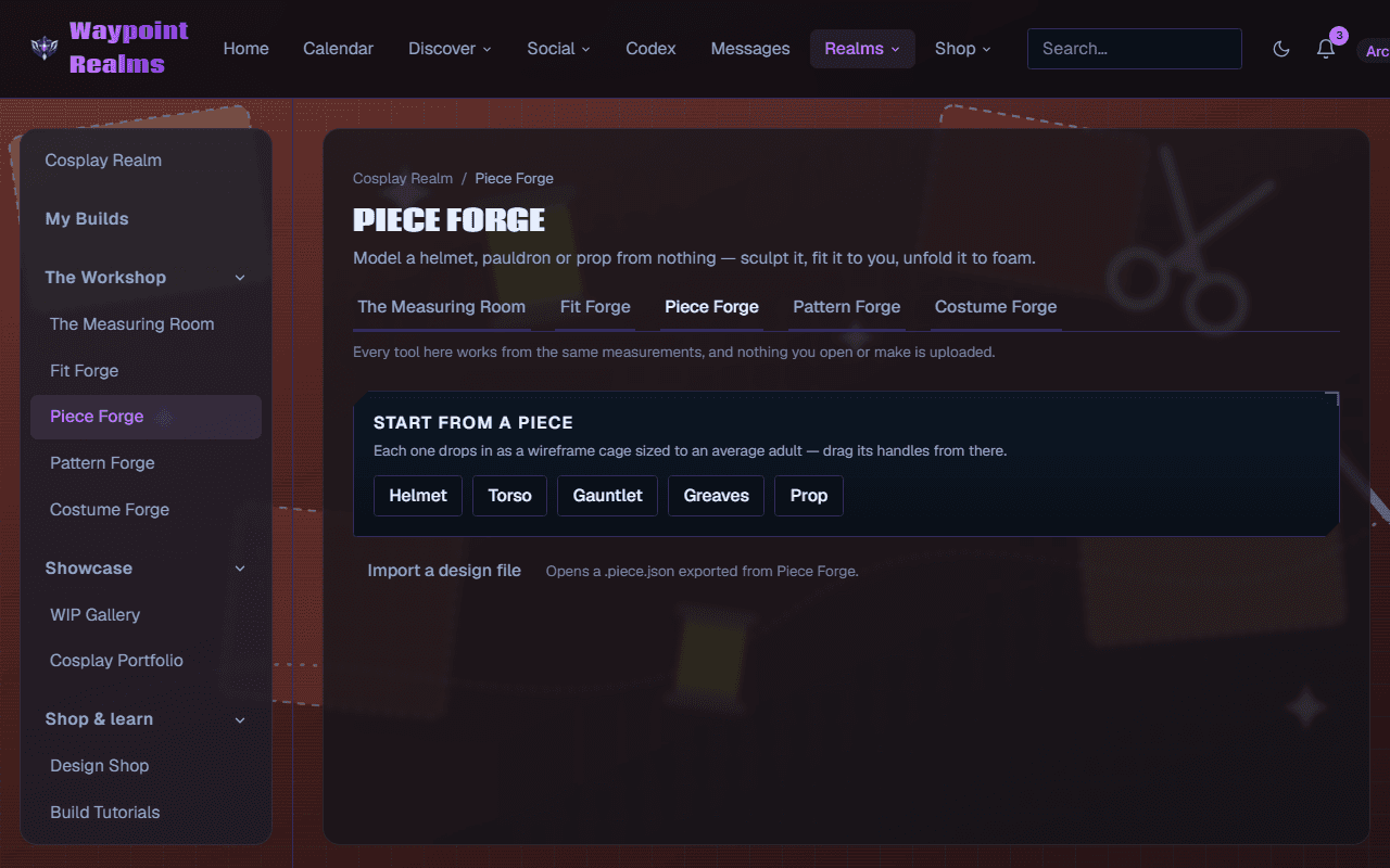Piece Forge, offering a helmet, torso, gauntlet, greaves or prop to start from, each dropping in as a wireframe cage sized to an average adult.
