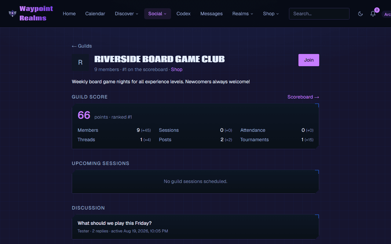 A circle page showing its member count and scoreboard rank, a circle score broken down by members, sessions, attendance, threads, posts and tournaments, upcoming sessions, and a discussion thread with replies.
