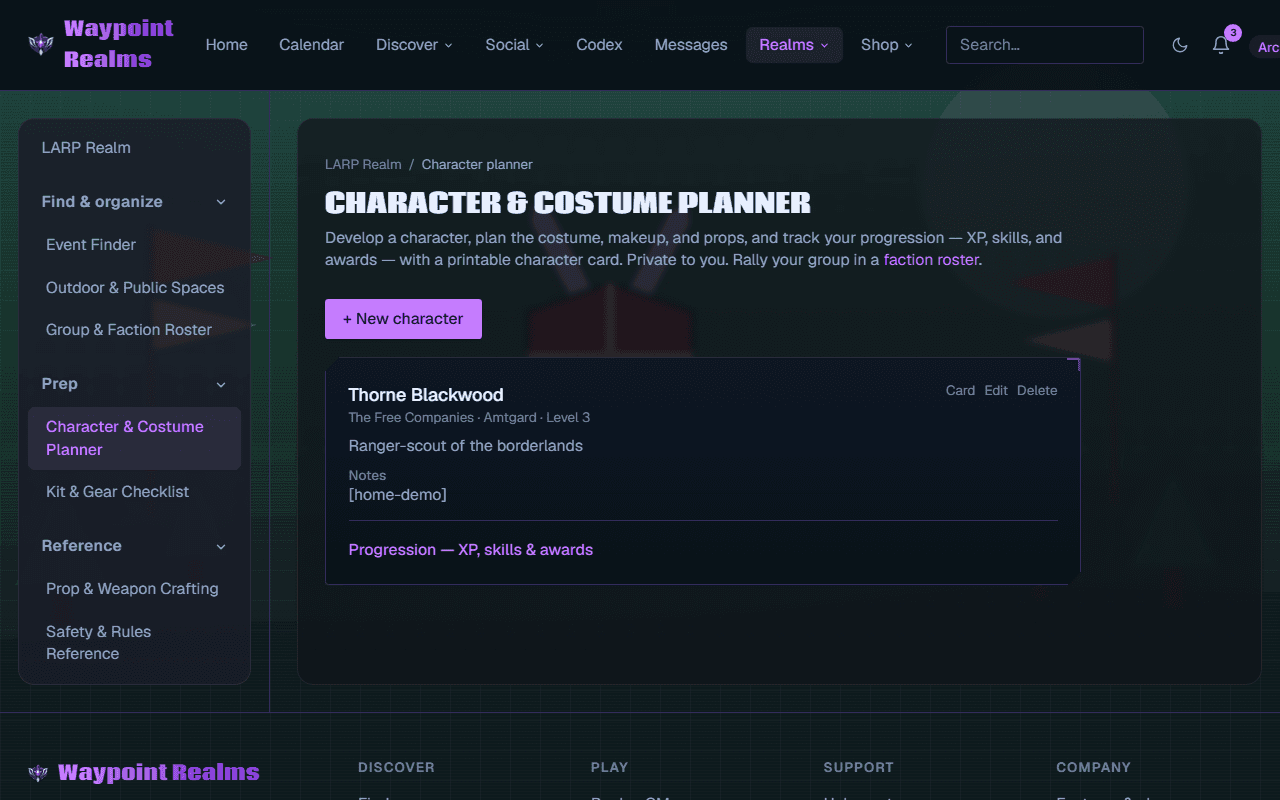 The LARP character and costume planner showing a saved character with their faction, system and level, a one-line concept, notes, and a link to progression covering XP, skills and awards.