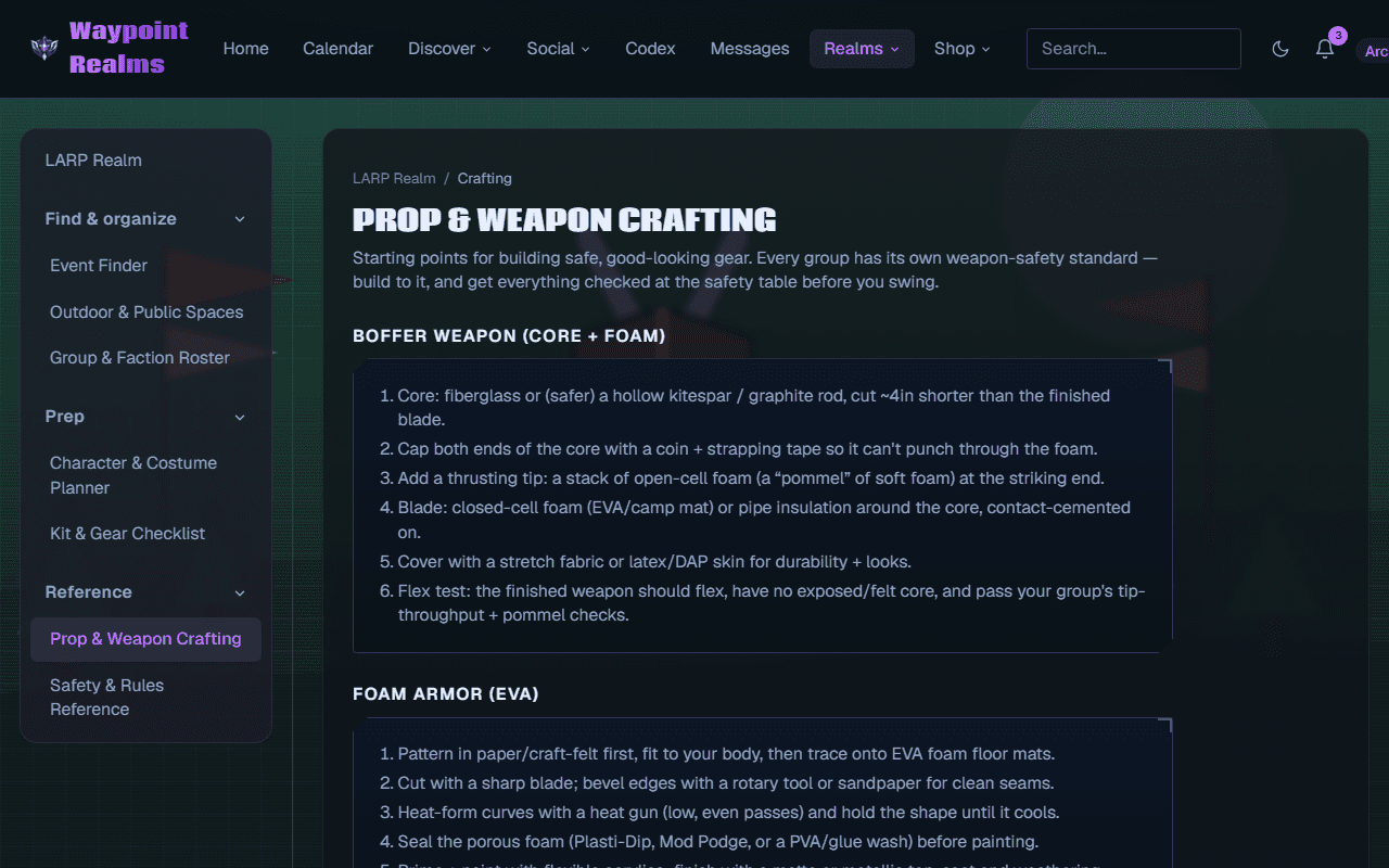 The LARP prop and weapon crafting reference, with a numbered boffer weapon build covering core, end caps, thrusting tip, blade foam, skin and flex test, above a foam armour section.