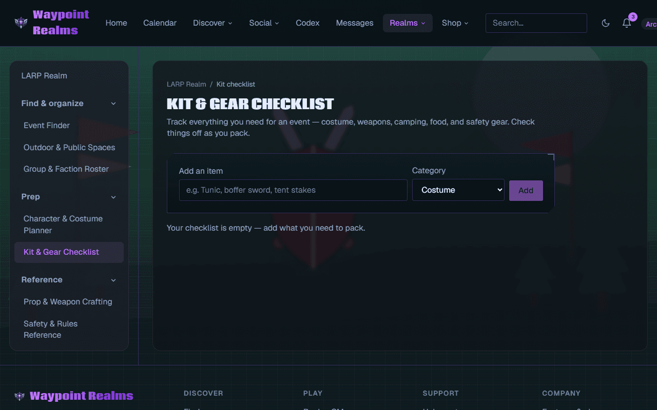 The LARP kit and gear checklist with a field to add an item, a category selector offering Costume, and a note that the checklist is empty until you add what you need to pack.