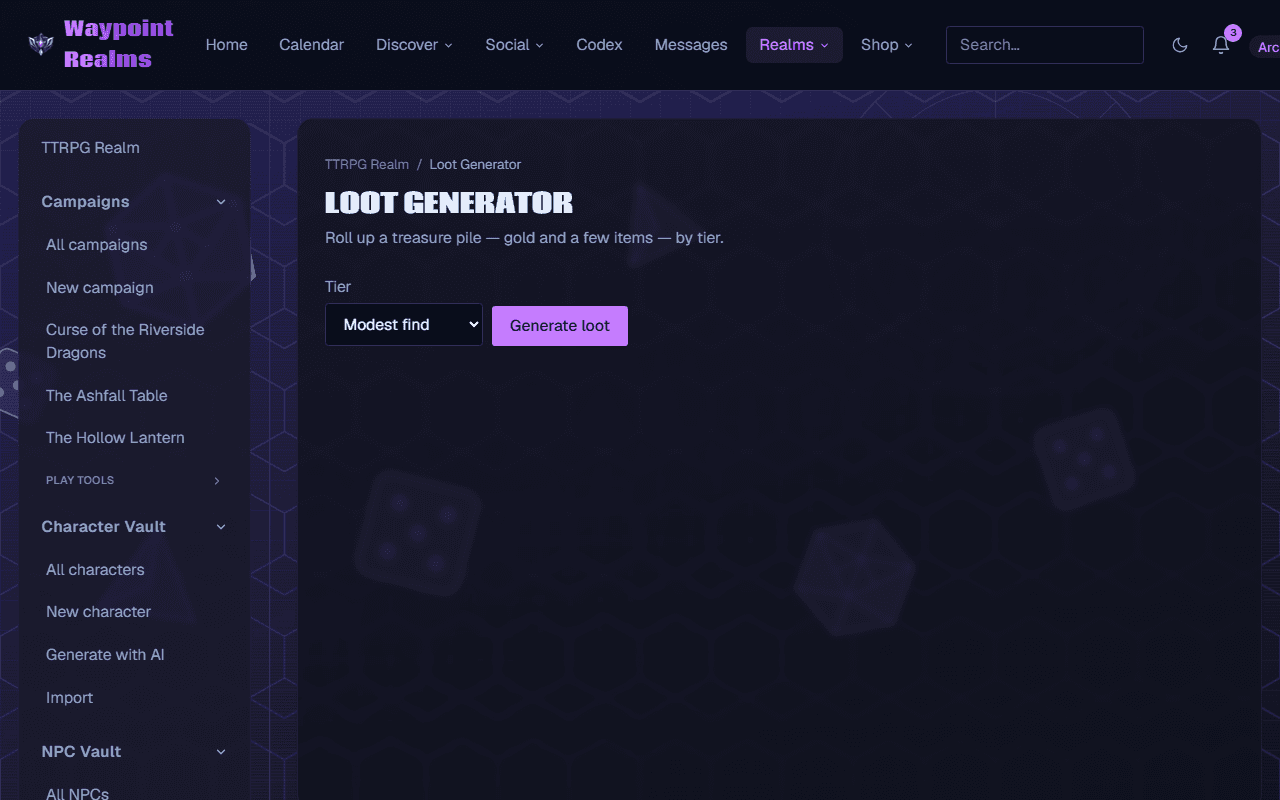 The loot generator with a tier selector set to modest find and a Generate loot button.