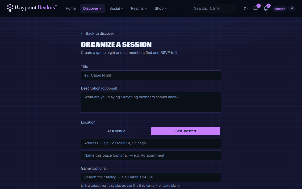 The Organize a session form with fields for title, description, location as either a venue or self-hosted, and an optional linked game.