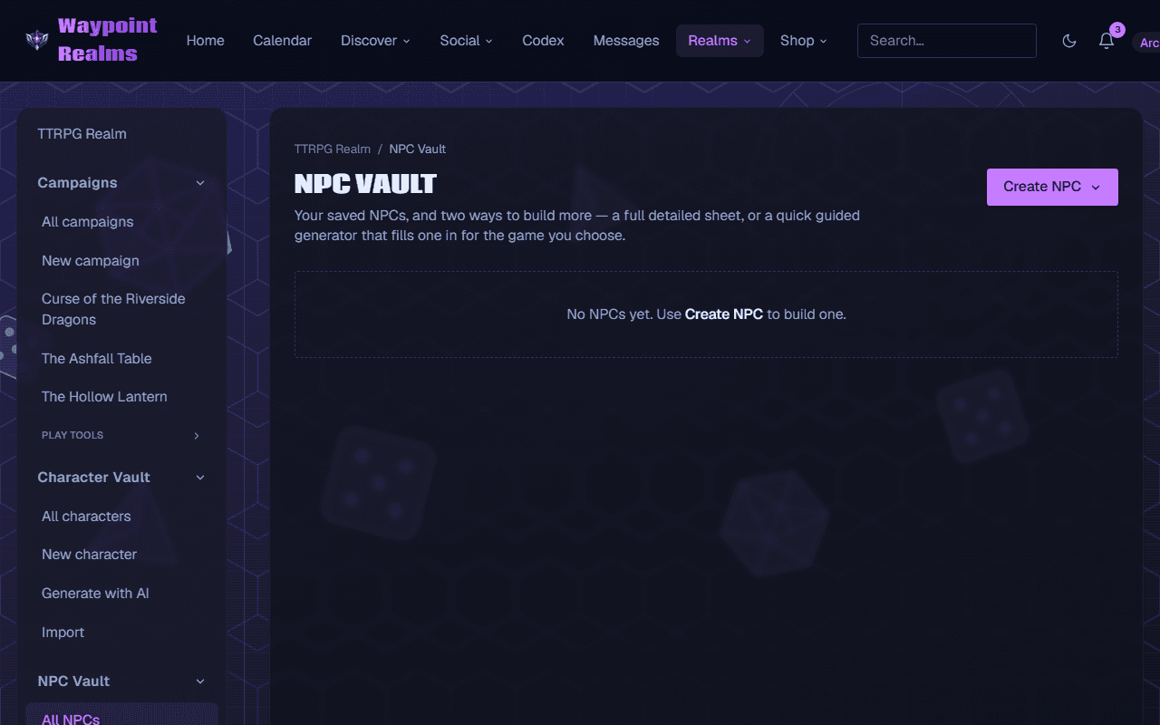 The NPC Vault with a Create NPC button, explaining that NPCs can be built either as a full detailed sheet or through a quick guided generator for the game you choose.