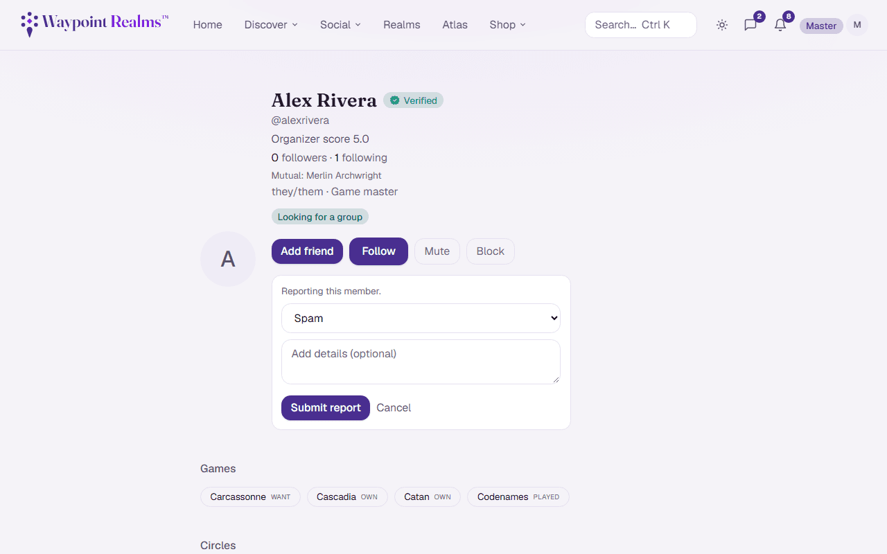 A member profile with Add friend, Follow, Mute and Block buttons, and an open report form offering a reason such as Spam, an optional details box, and Submit report.