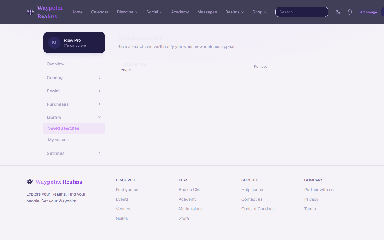 The saved searches page listing saved filters with their alert settings.