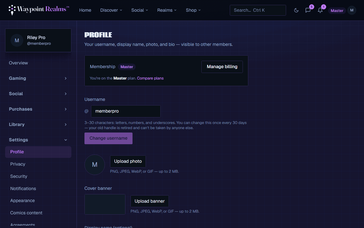 The profile settings screen showing the username field, the note that it can be changed once every 30 days, and a Change username button.