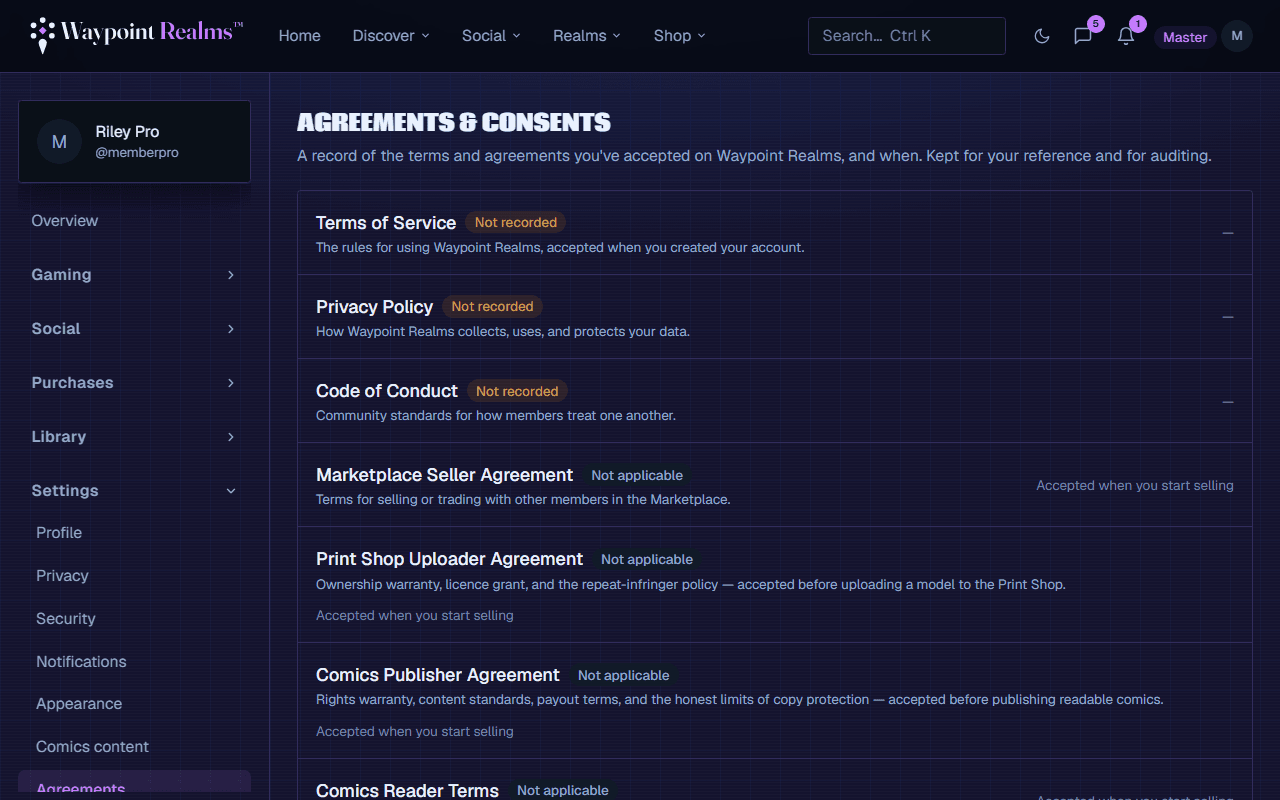 The agreements and consents page listing the Terms of Service, Privacy Policy, Code of Conduct and the Comics Publisher Agreement, each with whether it has been accepted and when.