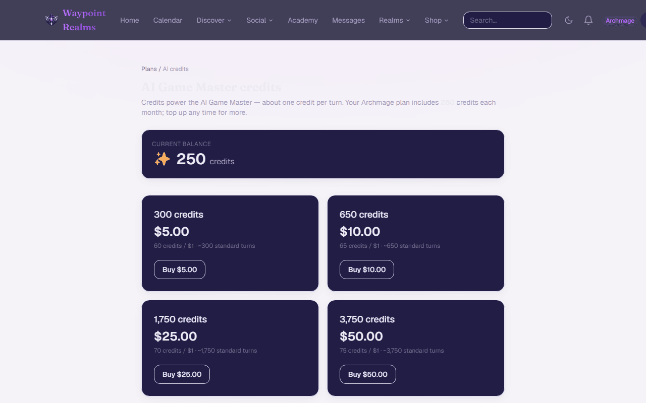 The AI credits page showing the current balance, this month's allowance, and top-up packs.