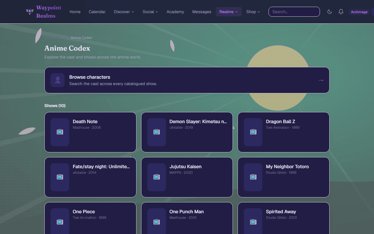 The Anime Codex landing page, showing a characters tile and a grid of shows.