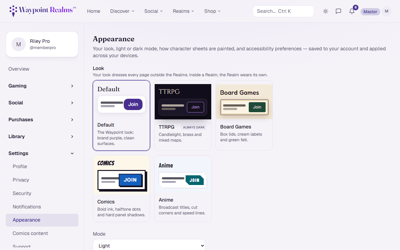The appearance settings screen with look cards, a mode selector, and character sheet style options.