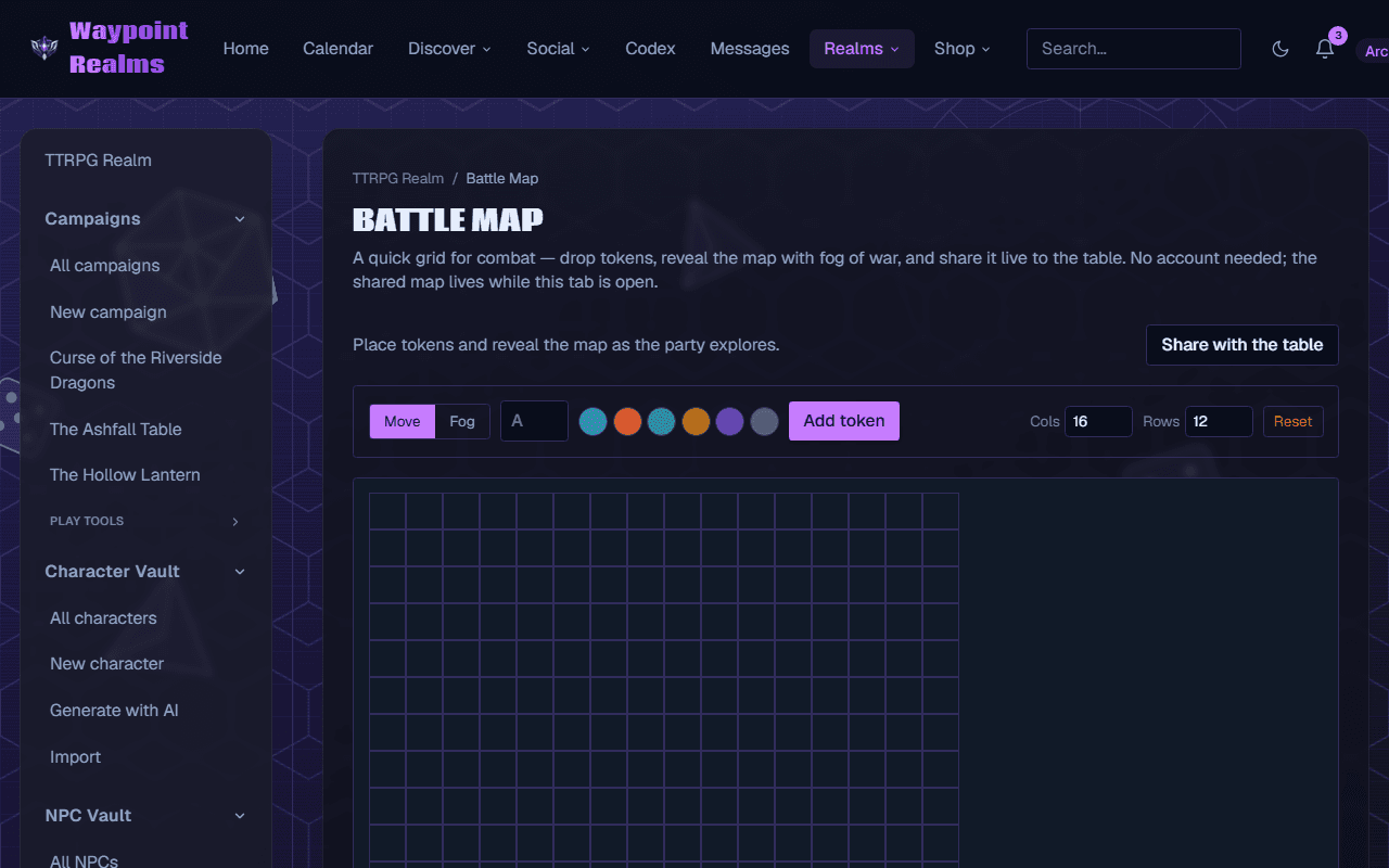 The battle map tool: a grid with move and fog controls, token colours, an Add token button, adjustable rows and columns, and a Share with the table button.