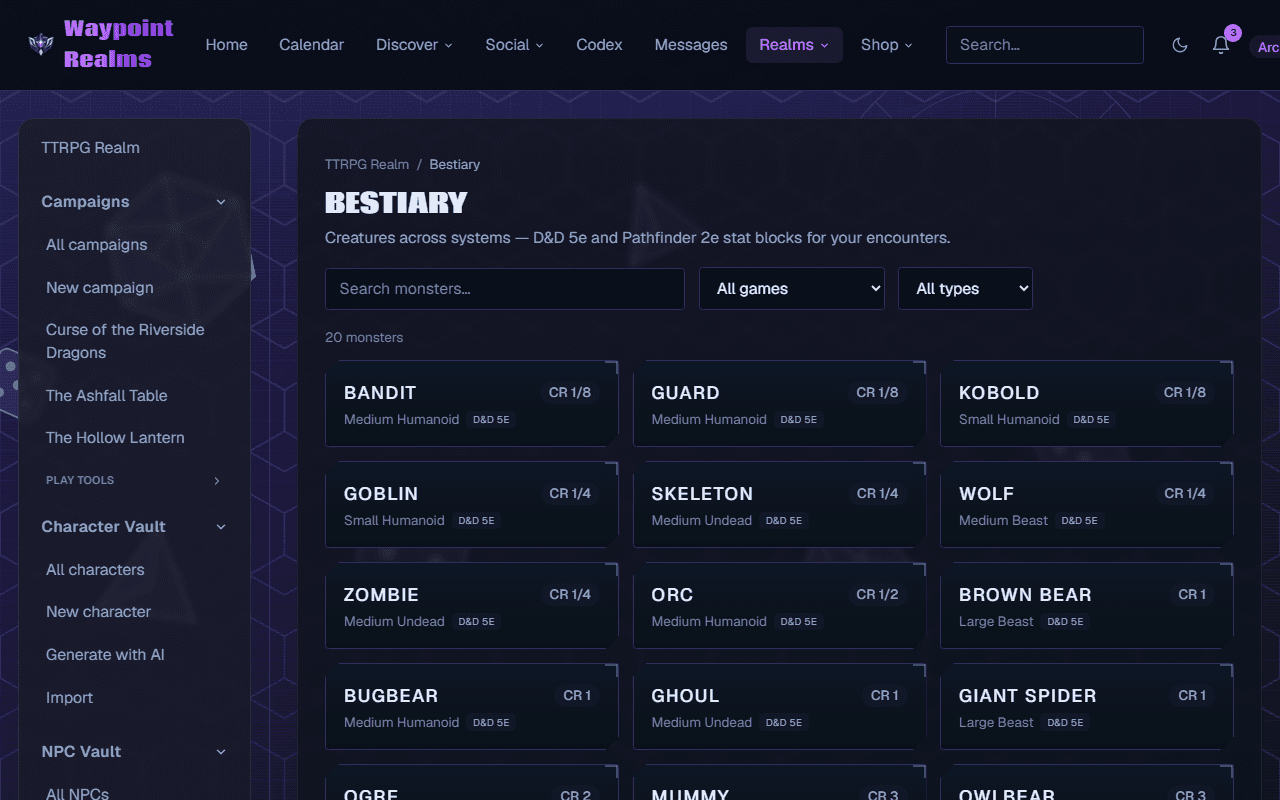 The bestiary listing twenty monsters as cards with their challenge rating, size, type and game system, above search and filter controls.