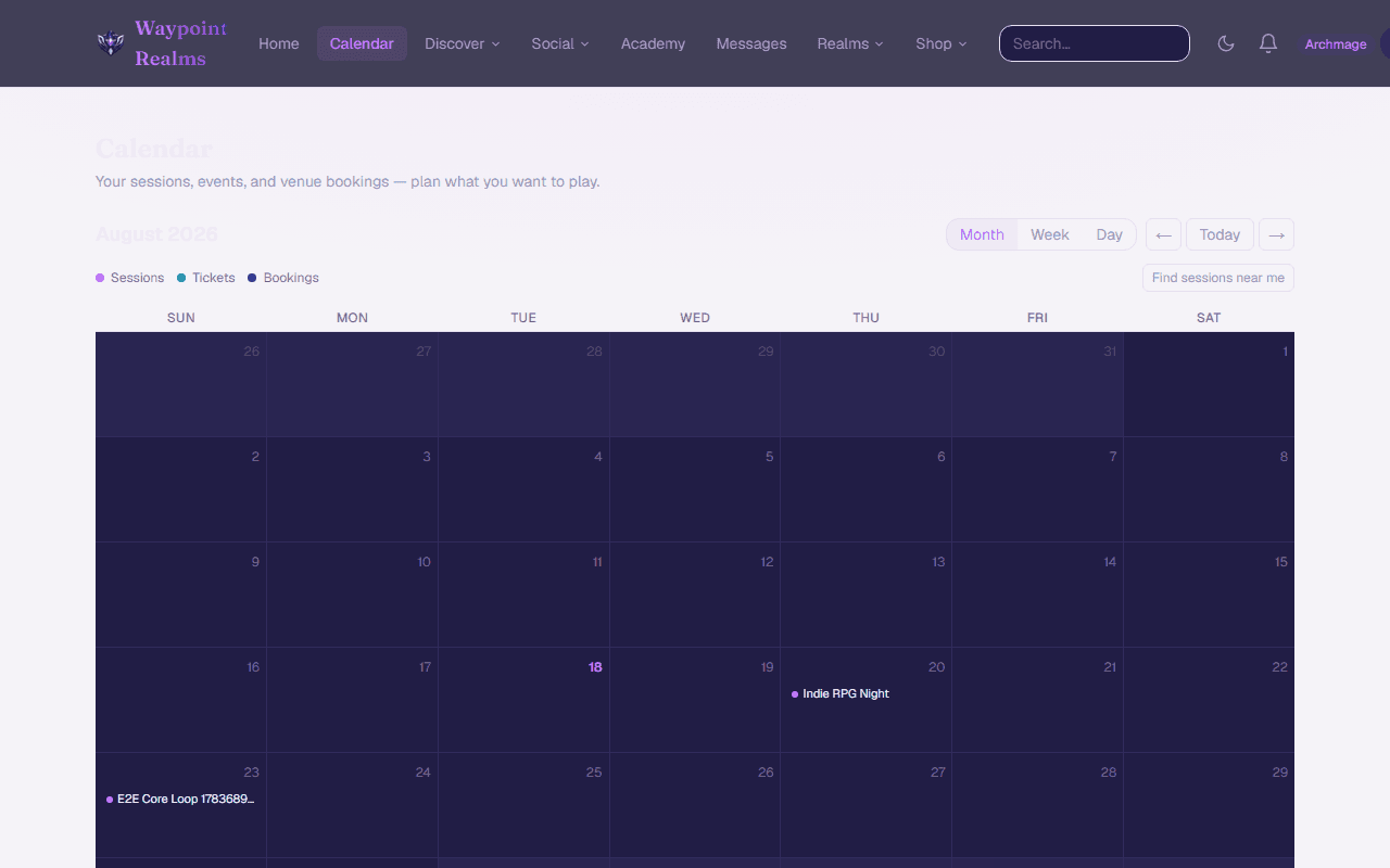 A month calendar with sessions, tickets and bookings marked on their days.