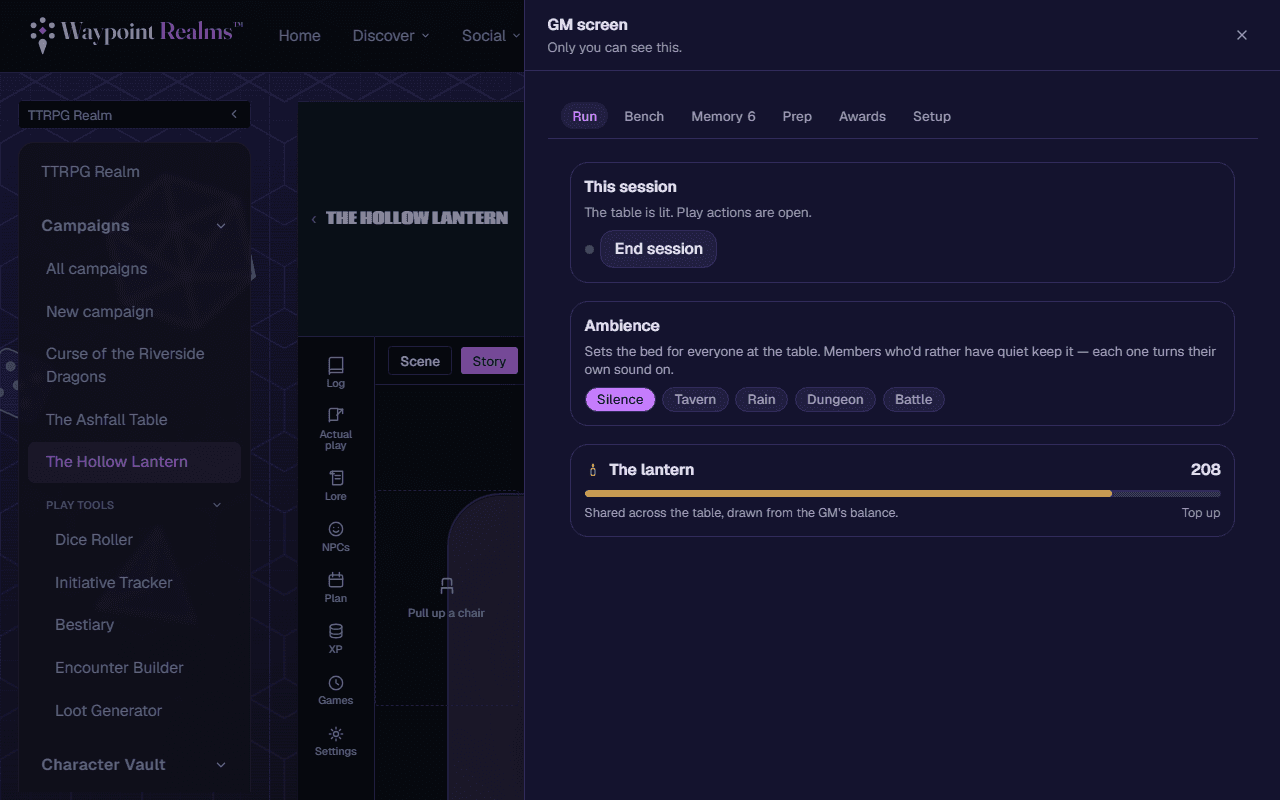 The GM screen panel with Run, Bench, Memory, Prep, Awards and Setup tabs, showing that the table is lit with an End session button, ambience sound choices, and the shared AI credit lantern.