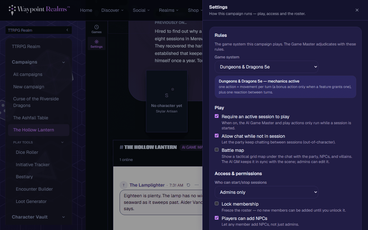 The campaign settings panel with a Rules section naming the game system, a Play section for requiring an active session, chat between sessions and the battle map, and an Access and permissions section for who may start sessions and whether the roster is locked.