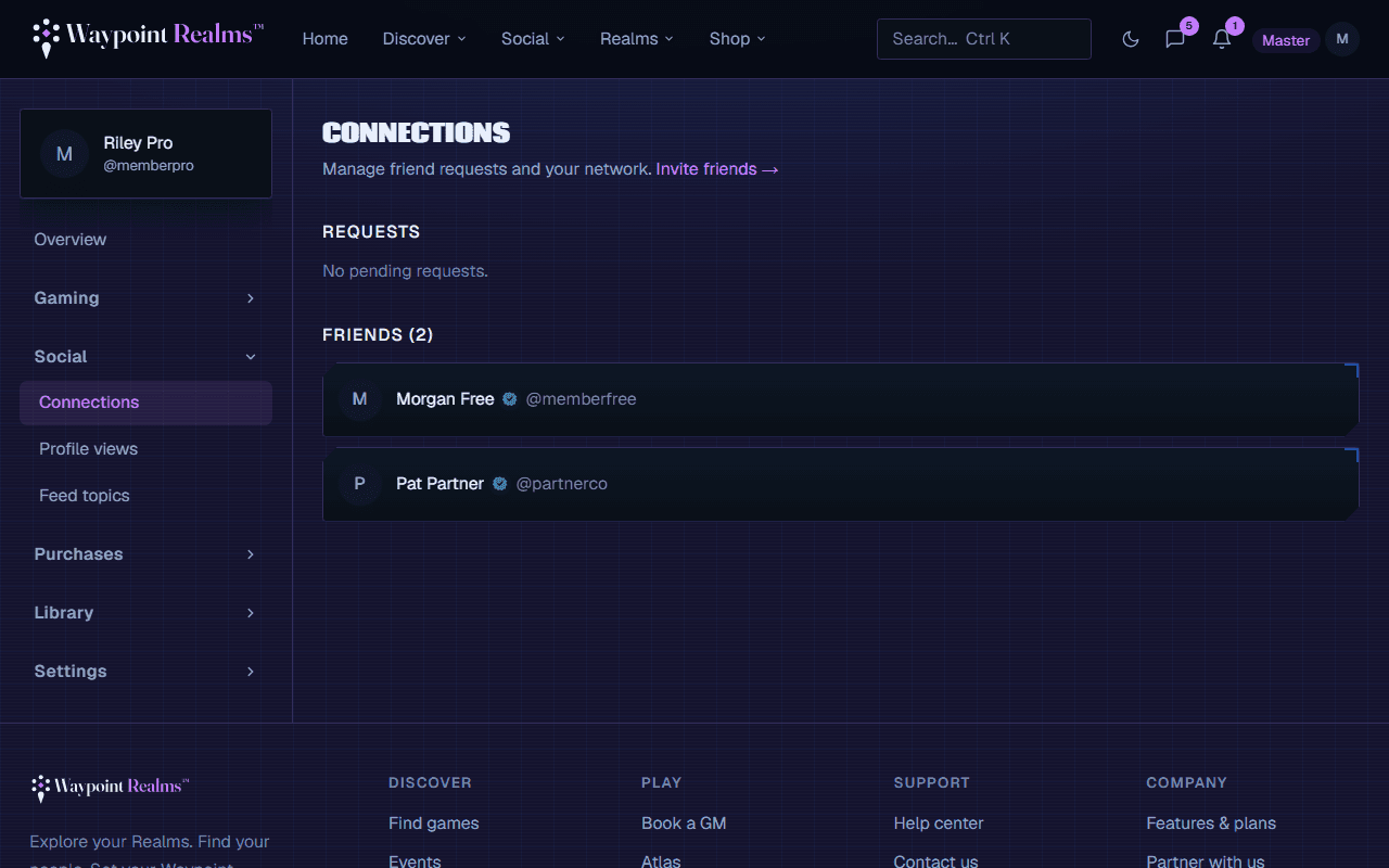 The connections page showing pending friend requests, a list of current friends with their usernames and verification badges, and an Invite friends link.