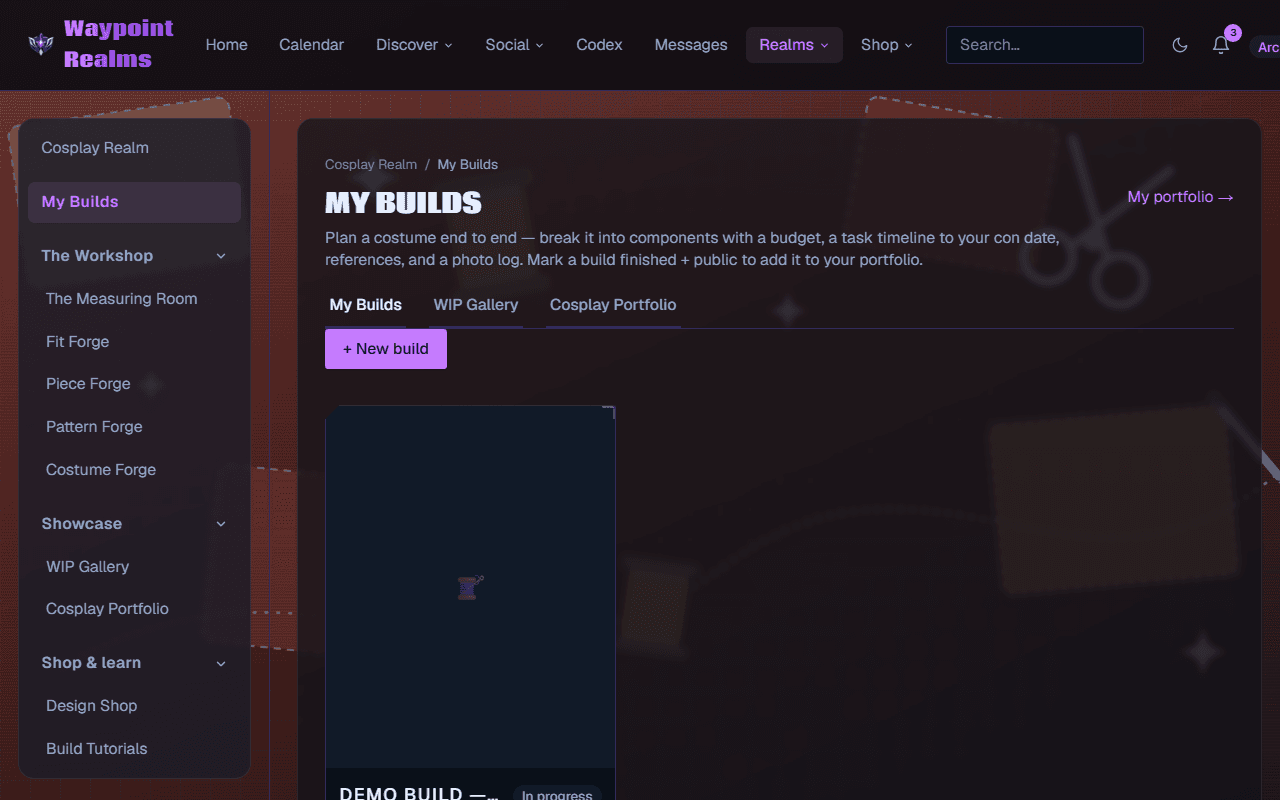 The My Builds page with tabs for My Builds, WIP Gallery and Cosplay Portfolio, a New build button, and an in-progress build card.