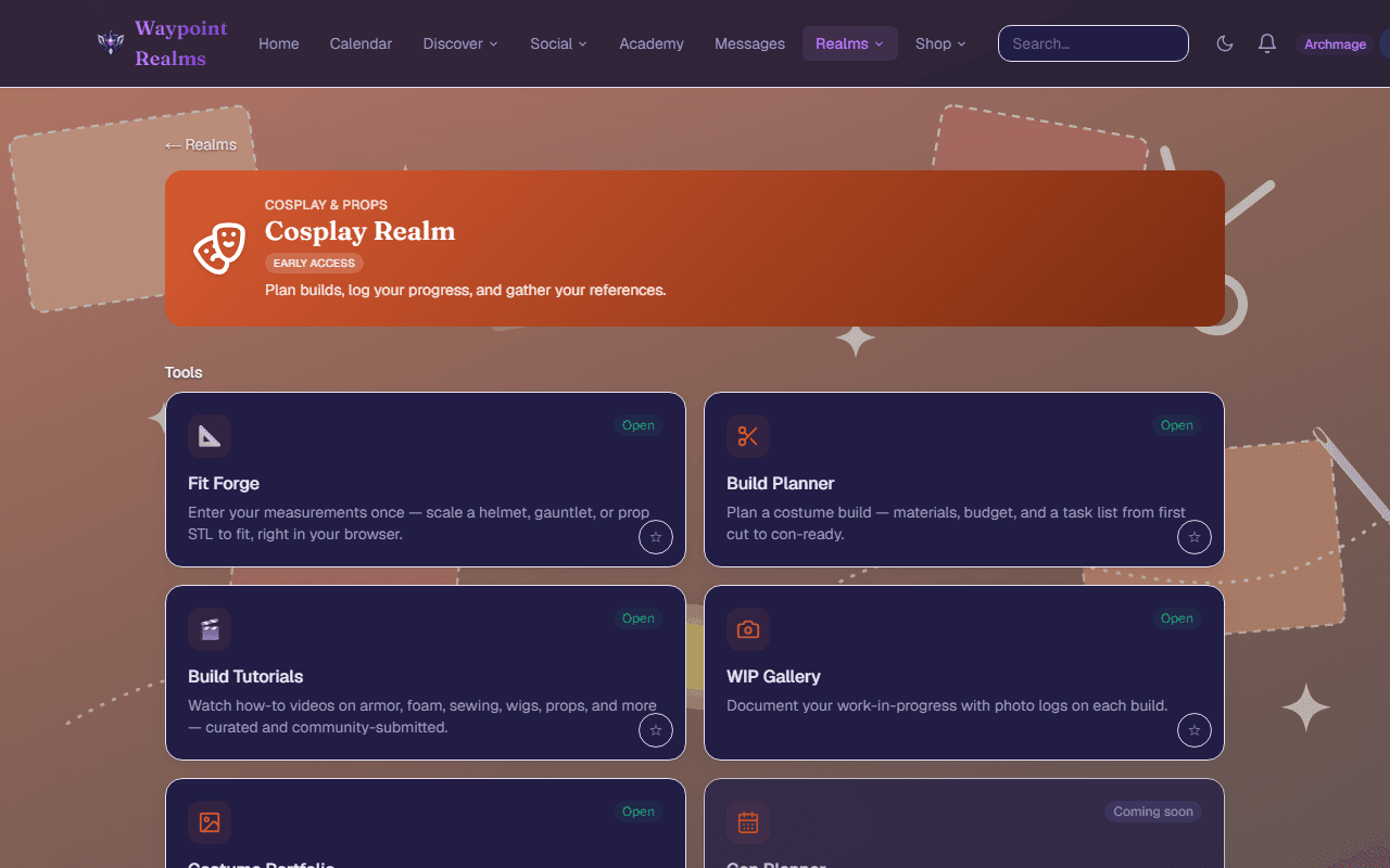 The Cosplay Realm page with its tools: Fit Forge, build planner, tutorials and galleries.