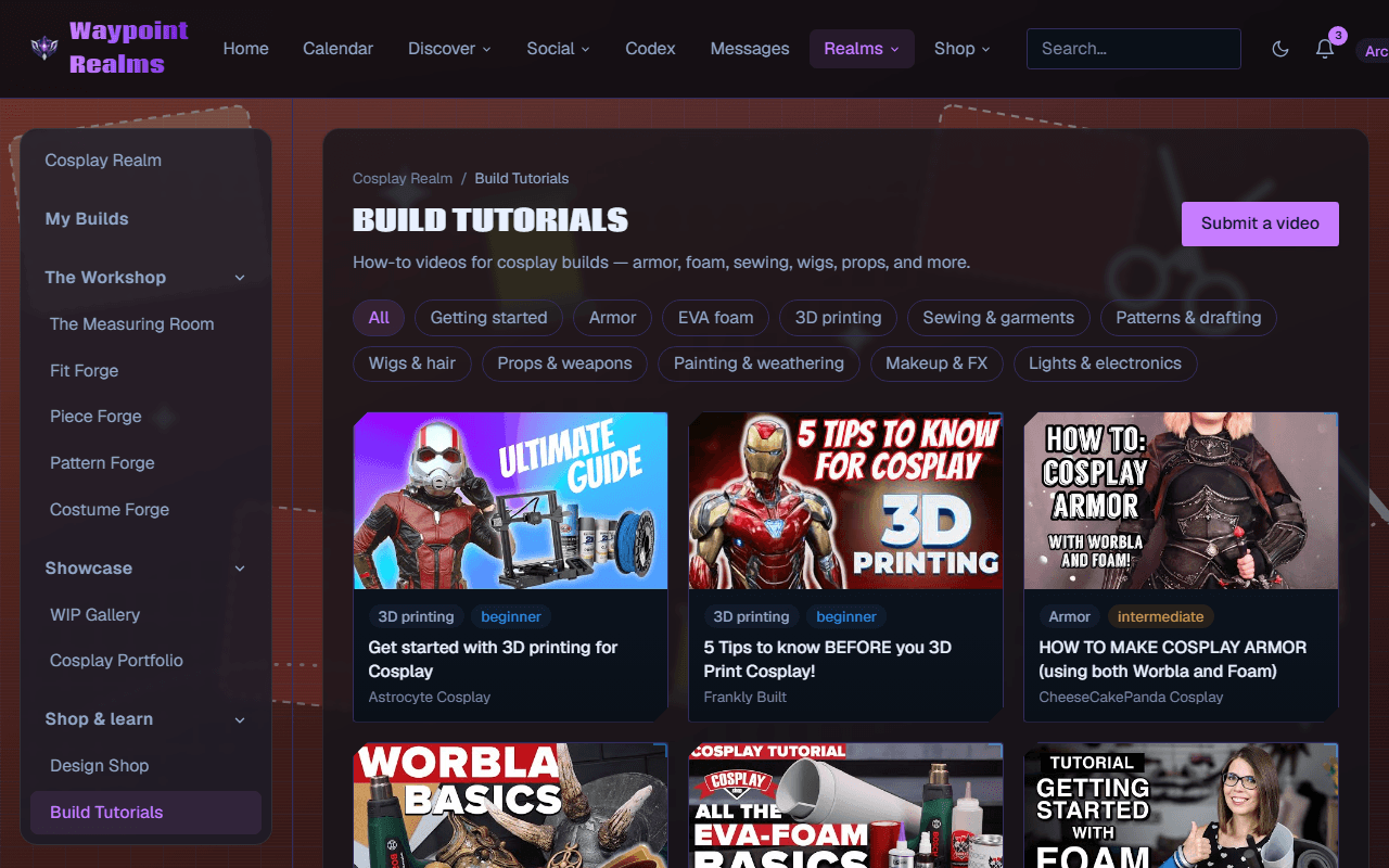 The Build Tutorials page with topic filters for getting started, armour, EVA foam, 3D printing, sewing, patterns, wigs, props, painting, makeup and electronics, above video cards each tagged with a topic, a difficulty level and its creator.