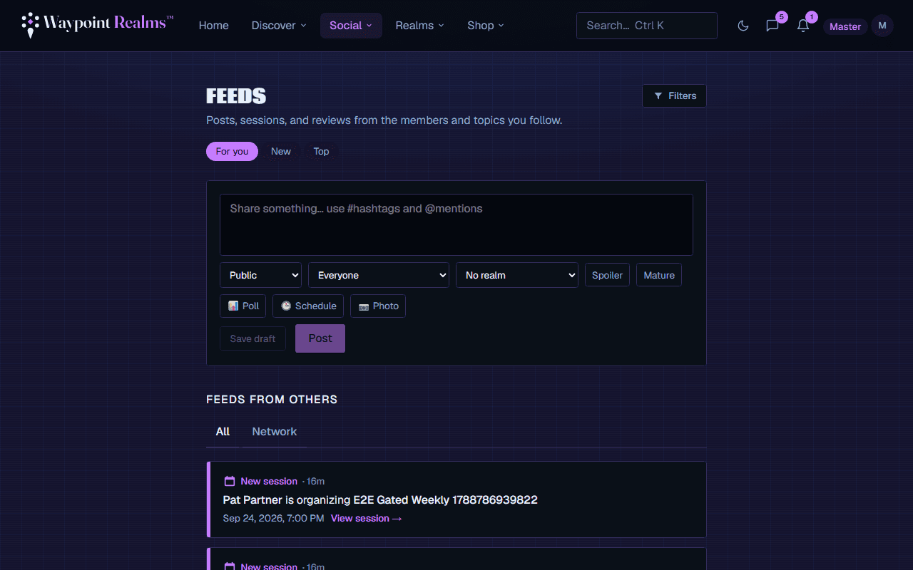 The feed showing recent posts from members and circles, each with reactions and a comment count.