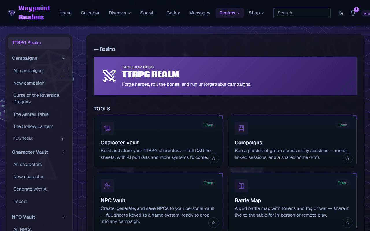 The TTRPG Realm page with tool cards for Character Vault, Campaigns, NPC Vault and Battle Map, and a sidebar of play tools.