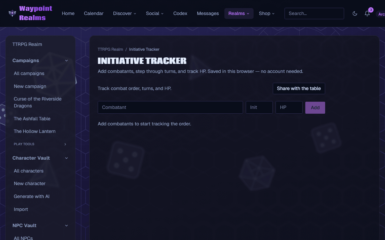 The initiative tracker with fields to add a combatant, their initiative and their HP, a Share with the table button, and a note that it is saved in this browser with no account needed.