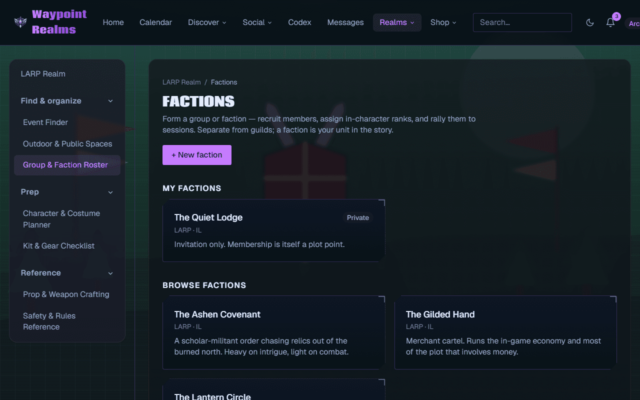 The LARP factions page showing a private faction the member belongs to and a browse list of other factions, each with its system, region and a line describing what it does in the story.