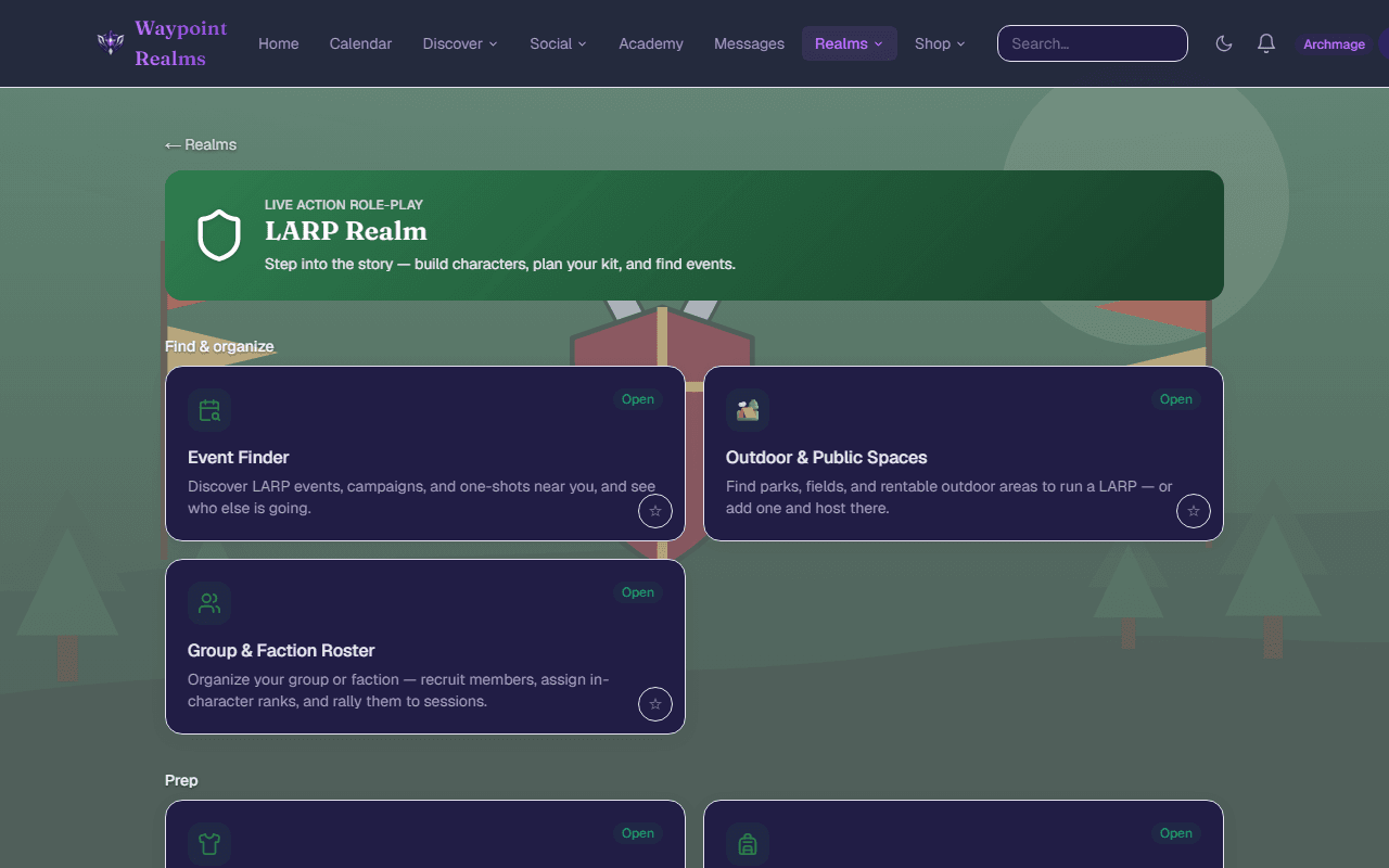 The LARP Realm page with its tools: event finder, spaces, factions, character and kit planners.
