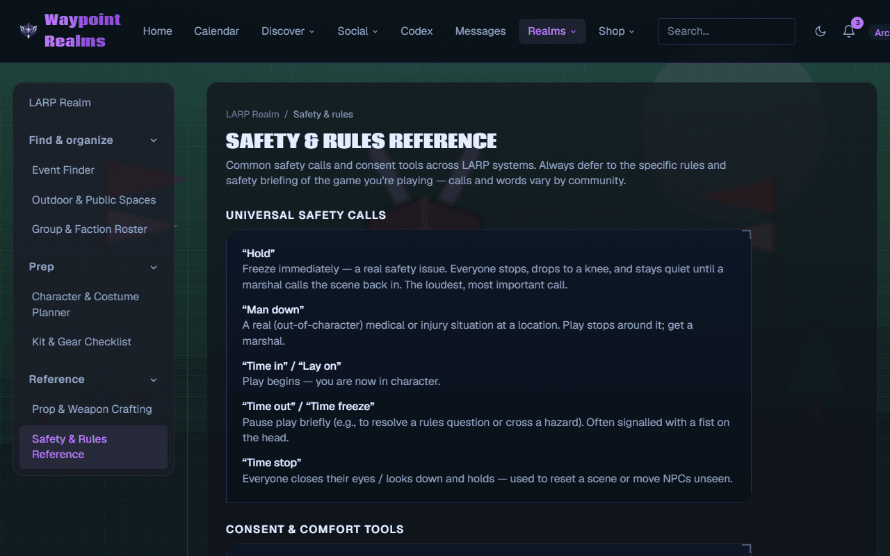 The LARP safety and rules reference listing universal safety calls — Hold, Man down, Time in or Lay on, Time out or Time freeze, and Time stop — each with what it means, above a consent and comfort tools section.