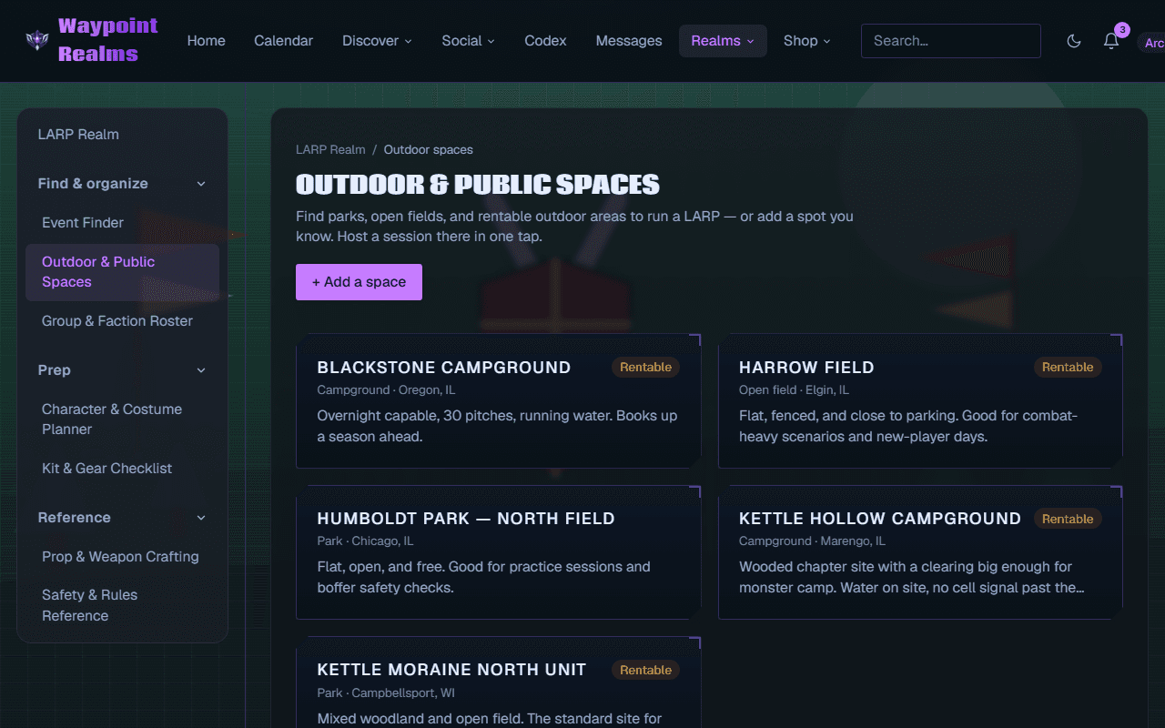 The LARP outdoor and public spaces page listing campgrounds, parks and open fields with their type, location, whether they are rentable, and a line on what each is like to play in.