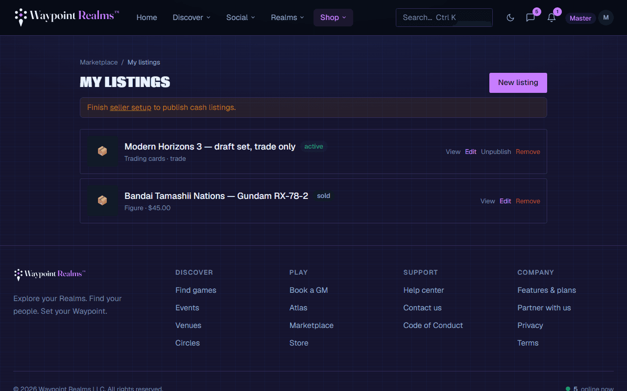 The my listings page showing an active trade-only listing and a sold one, each with View, Edit and Remove controls, above a banner reminding the seller to finish setup before cash listings can publish.