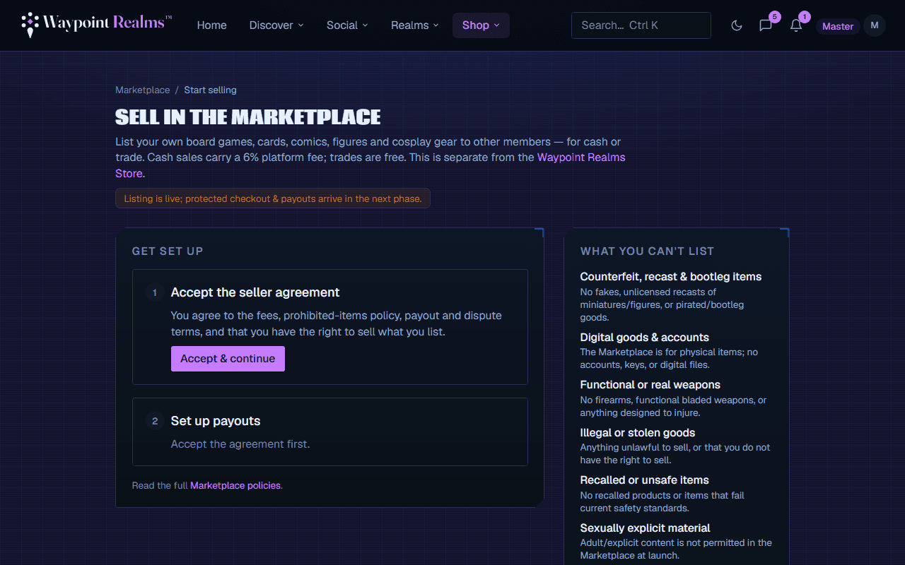 The Sell in the Marketplace page: a two-step setup for accepting the seller agreement and connecting payouts, beside a list of what cannot be listed.