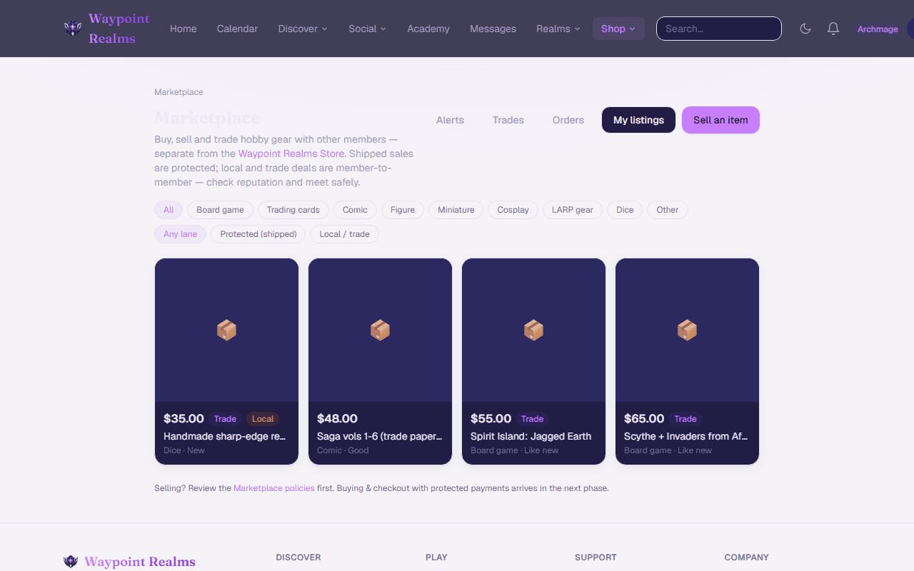 The marketplace, showing member listings with photos, prices and condition labels.