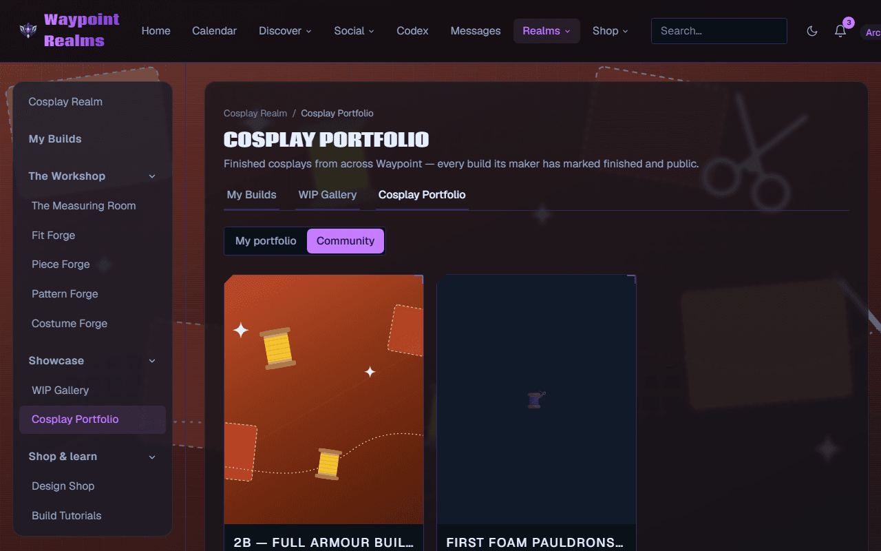 The Cosplay Portfolio on its Community view, showing finished public builds from across Waypoint Realms as cards with cover art and titles.