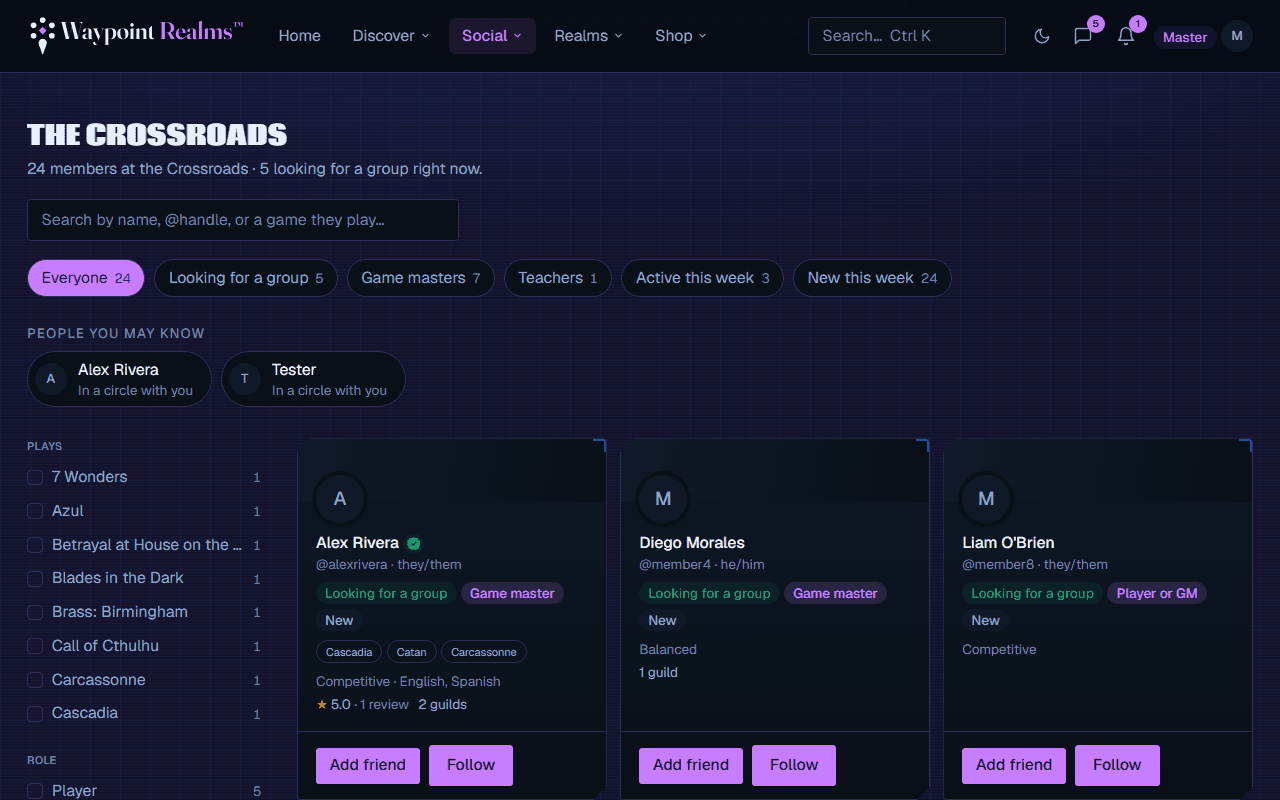 The player directory listing members with their avatars, usernames and regions.