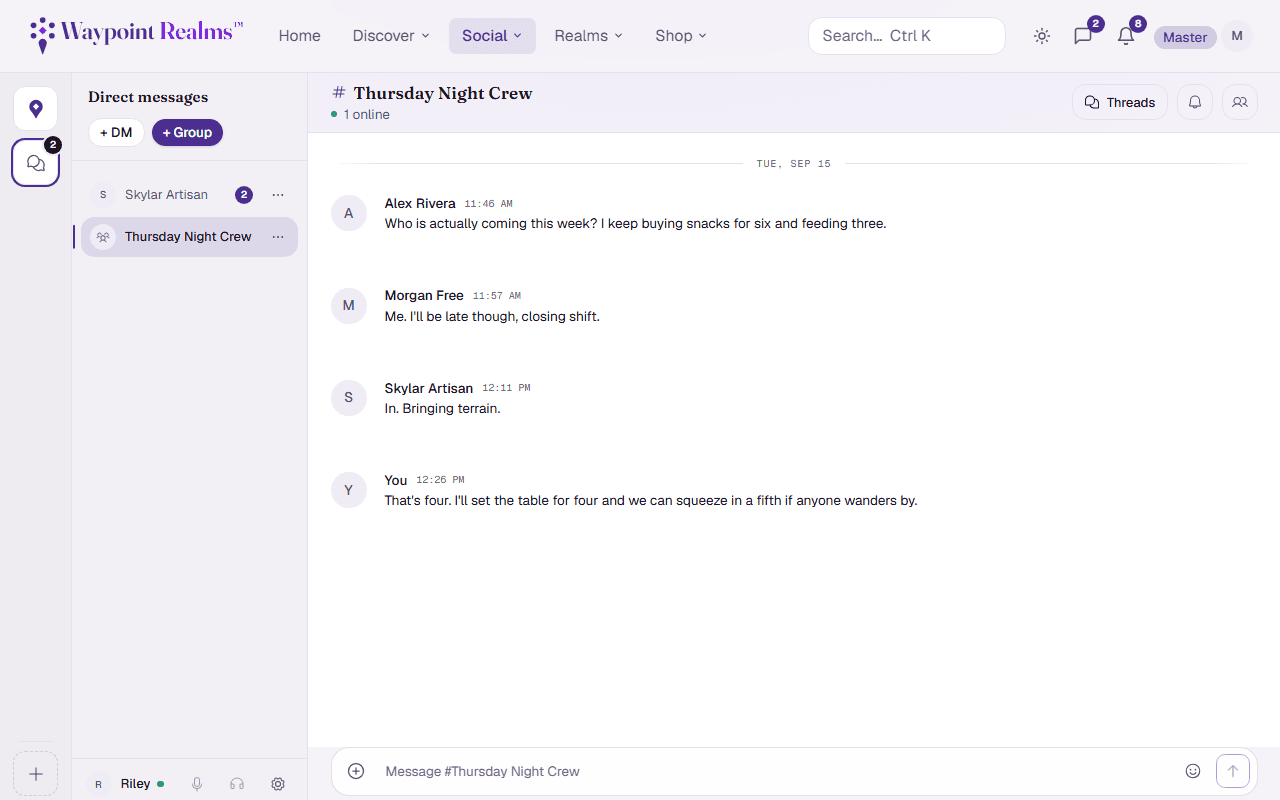 Messages on a computer: a narrow column of tiles on the left with Direct messages selected, a list of a direct message and a group chat beside it with the group marked as open, and the group's conversation filling the rest β four short messages about who is coming to game night, a Threads button above them and a message box below.